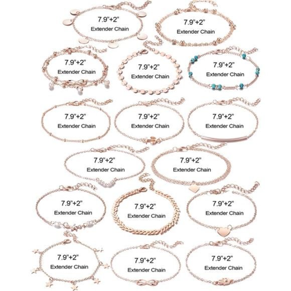 16Pcs Ankle Bracelets Women Girls Rose Gold Two Style Chain Beach Anklet - Picture 4 of 7
